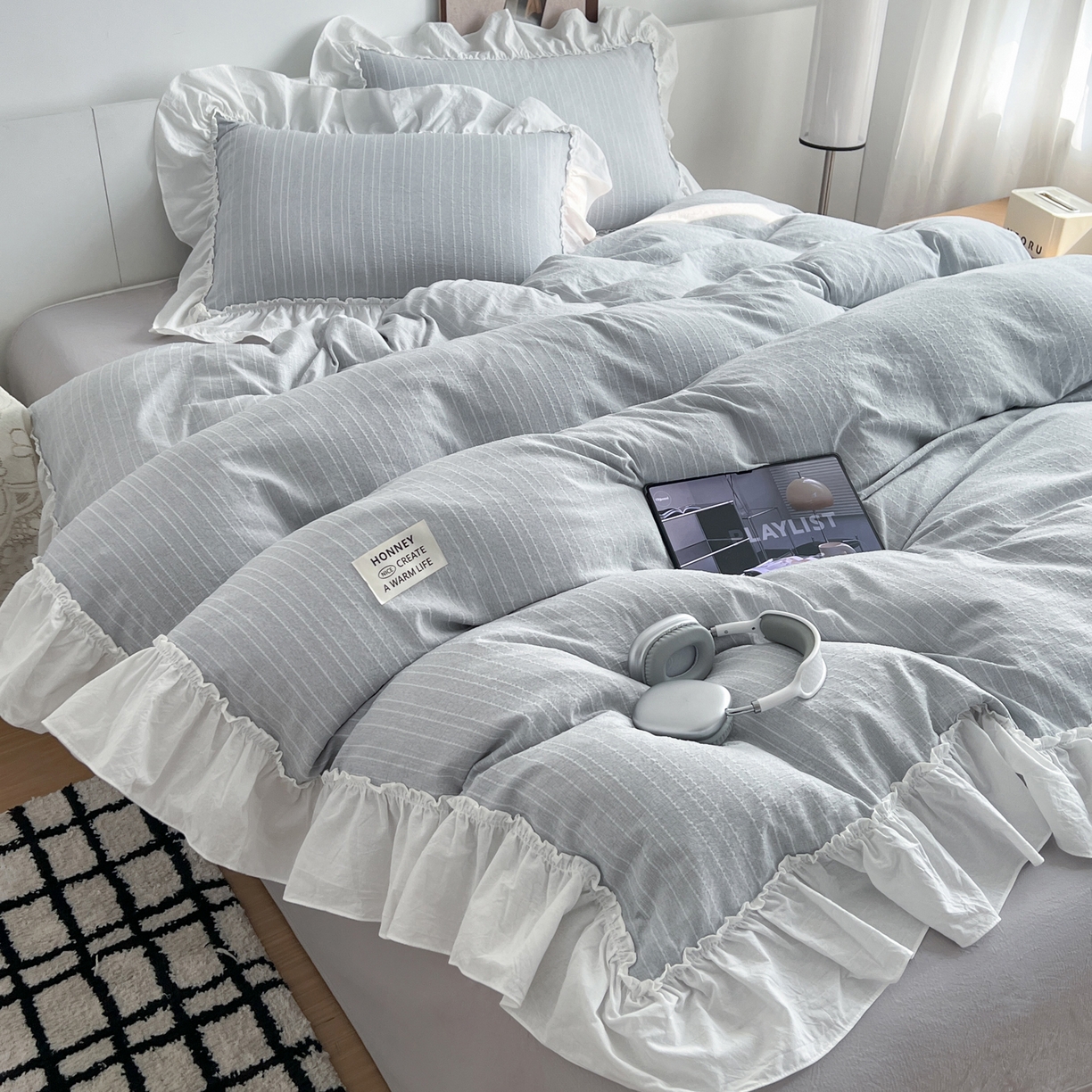 晨曦家纺 2026新款荷叶花边泡芙纱提花四件套可水洗棉四件套少女风 温柔灰蓝