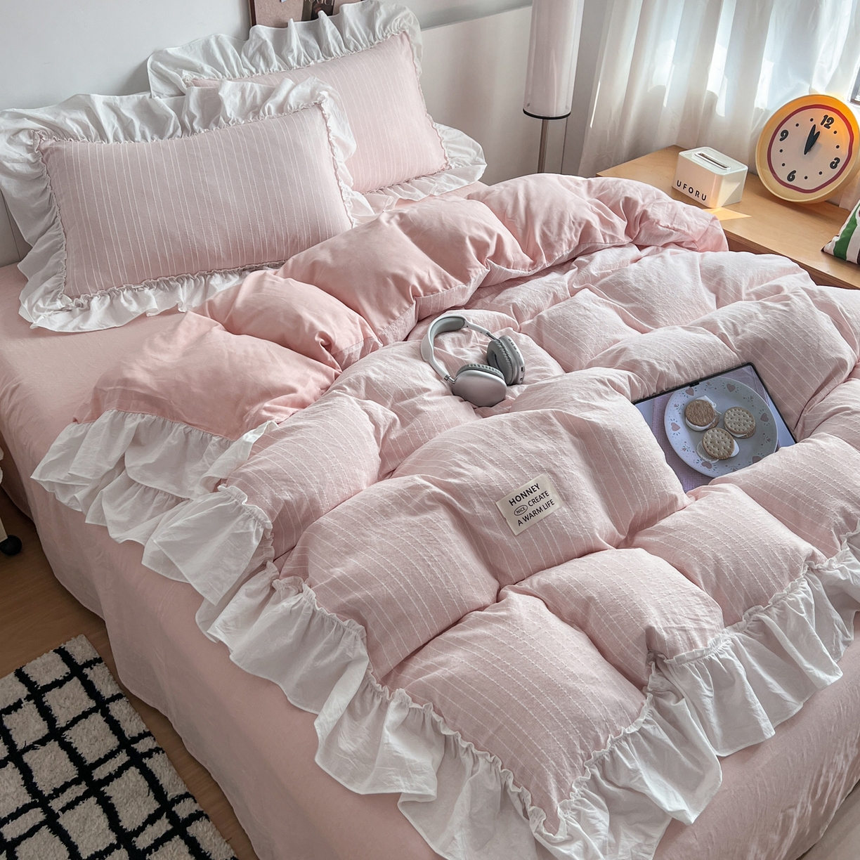 晨曦家纺 2026新款荷叶花边泡芙纱提花四件套可水洗棉四件套少女风 蜜桃奶芙