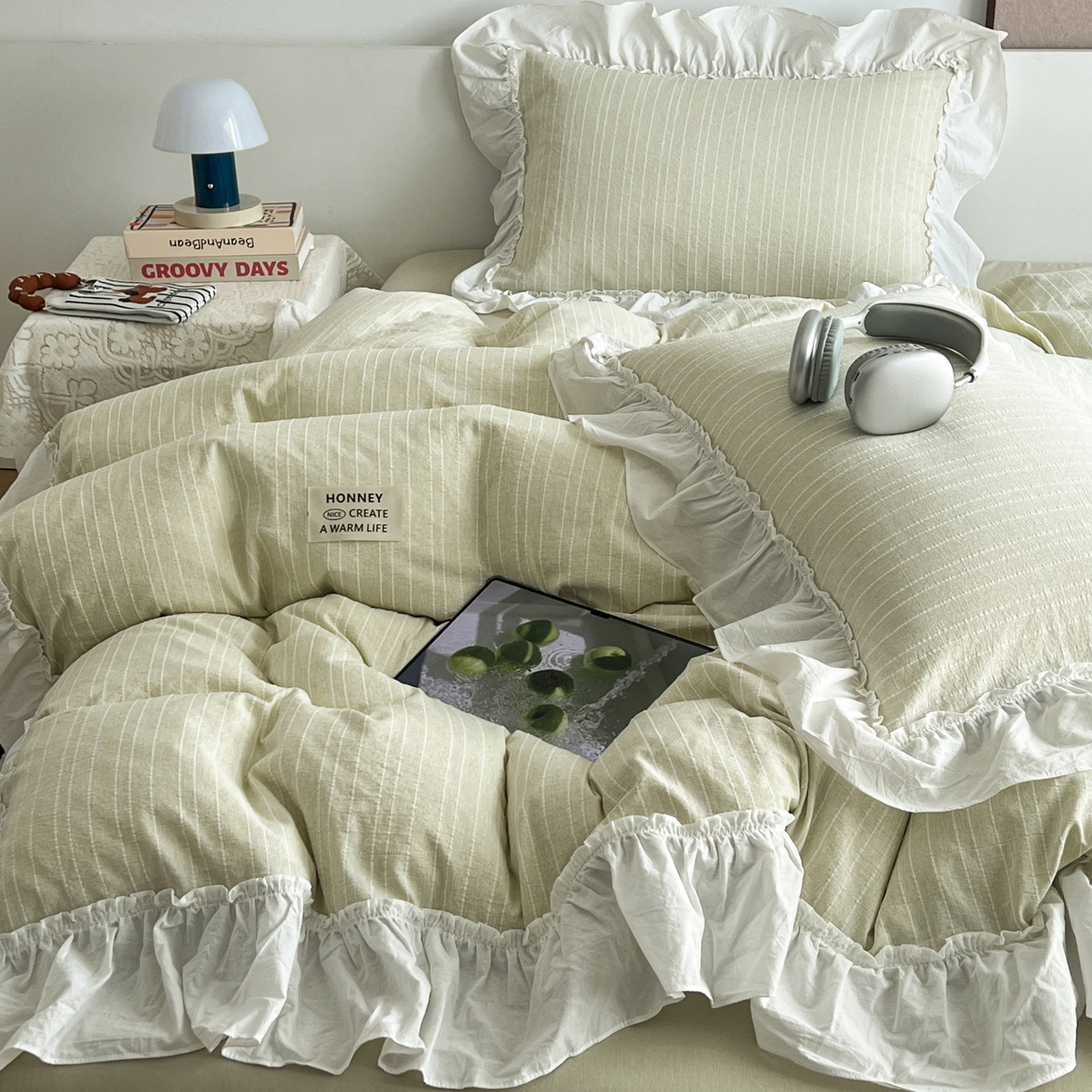 91家纺网 家纺一手货源 找家纺 晨曦家纺 2026新款荷叶花边泡芙纱提花四件套可水洗棉四件套少女风 抹茶奶绿