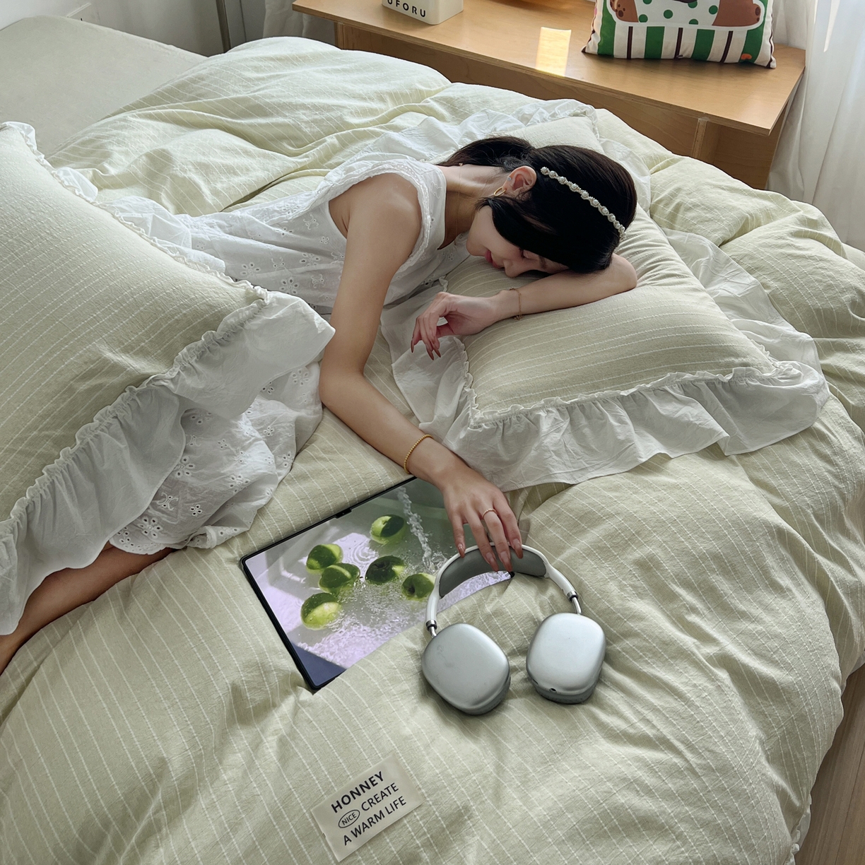 91家纺网 家纺一手货源 找家纺 晨曦家纺 2026新款荷叶花边泡芙纱提花四件套可水洗棉四件套少女风 抹茶奶绿