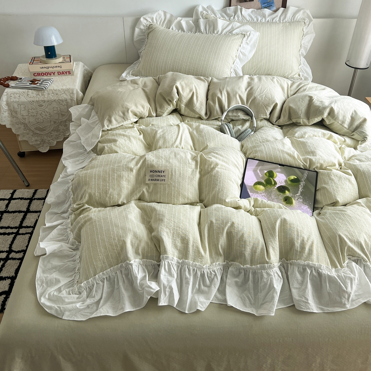 91家纺网 家纺一手货源 找家纺 晨曦家纺 2026新款荷叶花边泡芙纱提花四件套可水洗棉四件套少女风 抹茶奶绿