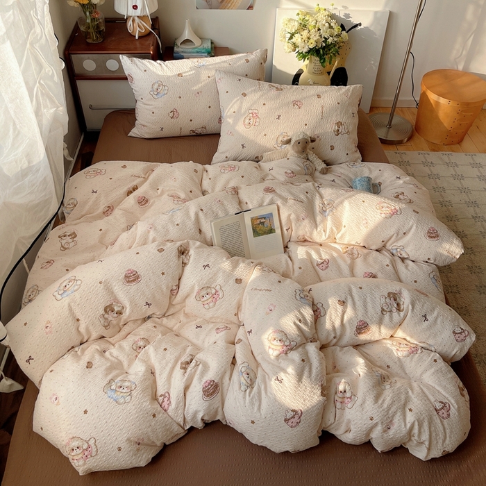 贝扬思家纺 2026新款高品质A类泡芙纱普通款四件套-110g-(软软糯糯小红书推荐~) 甜品萌狗