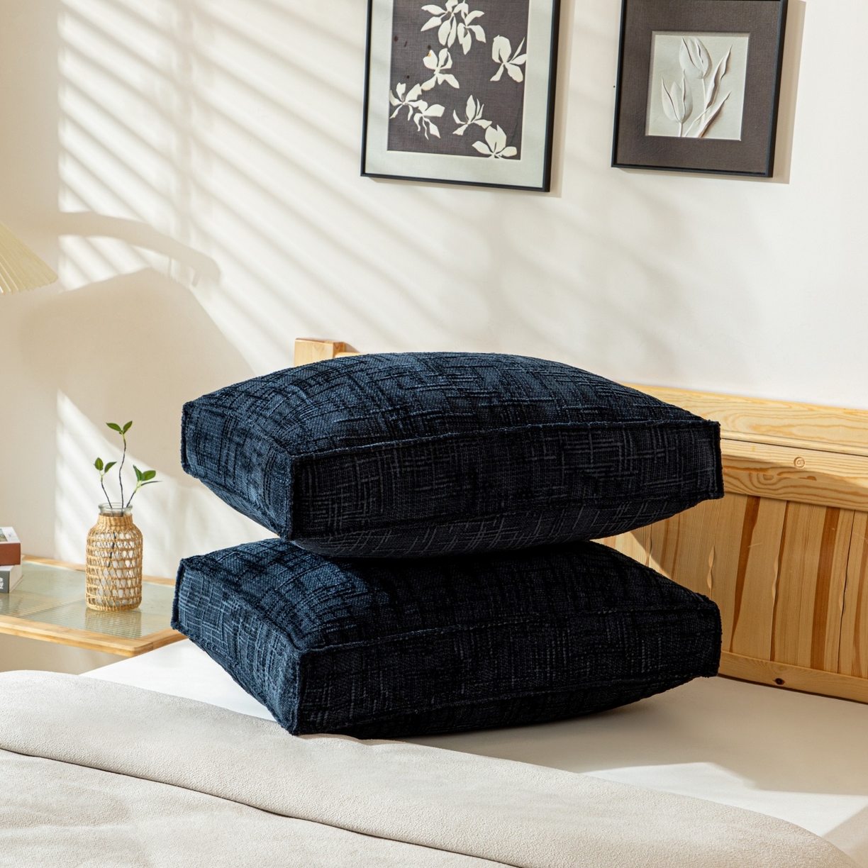 91家纺网 家纺一手货源 找家纺 沐沐家纺 2026新款葵花绒立体面包枕靠背靠垫 深蓝