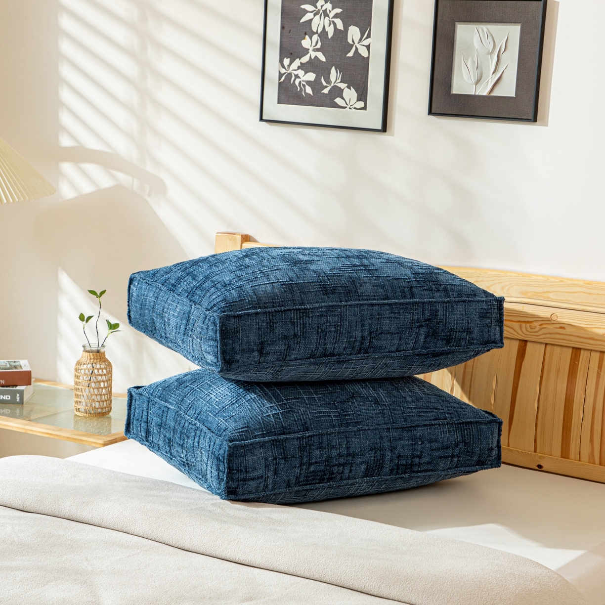 91家纺网 家纺一手货源 找家纺 沐沐家纺 2026新款葵花绒立体面包枕靠背靠垫 孔雀蓝