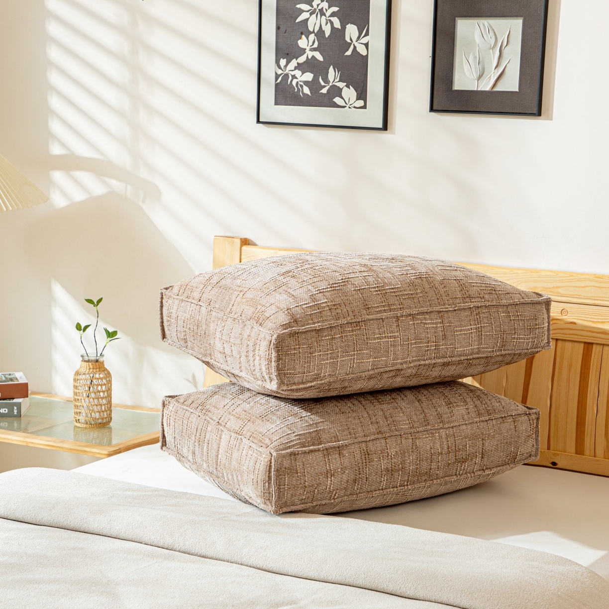 91家纺网 家纺一手货源 找家纺 沐沐家纺 2026新款葵花绒立体面包枕靠背靠垫 浅咖色