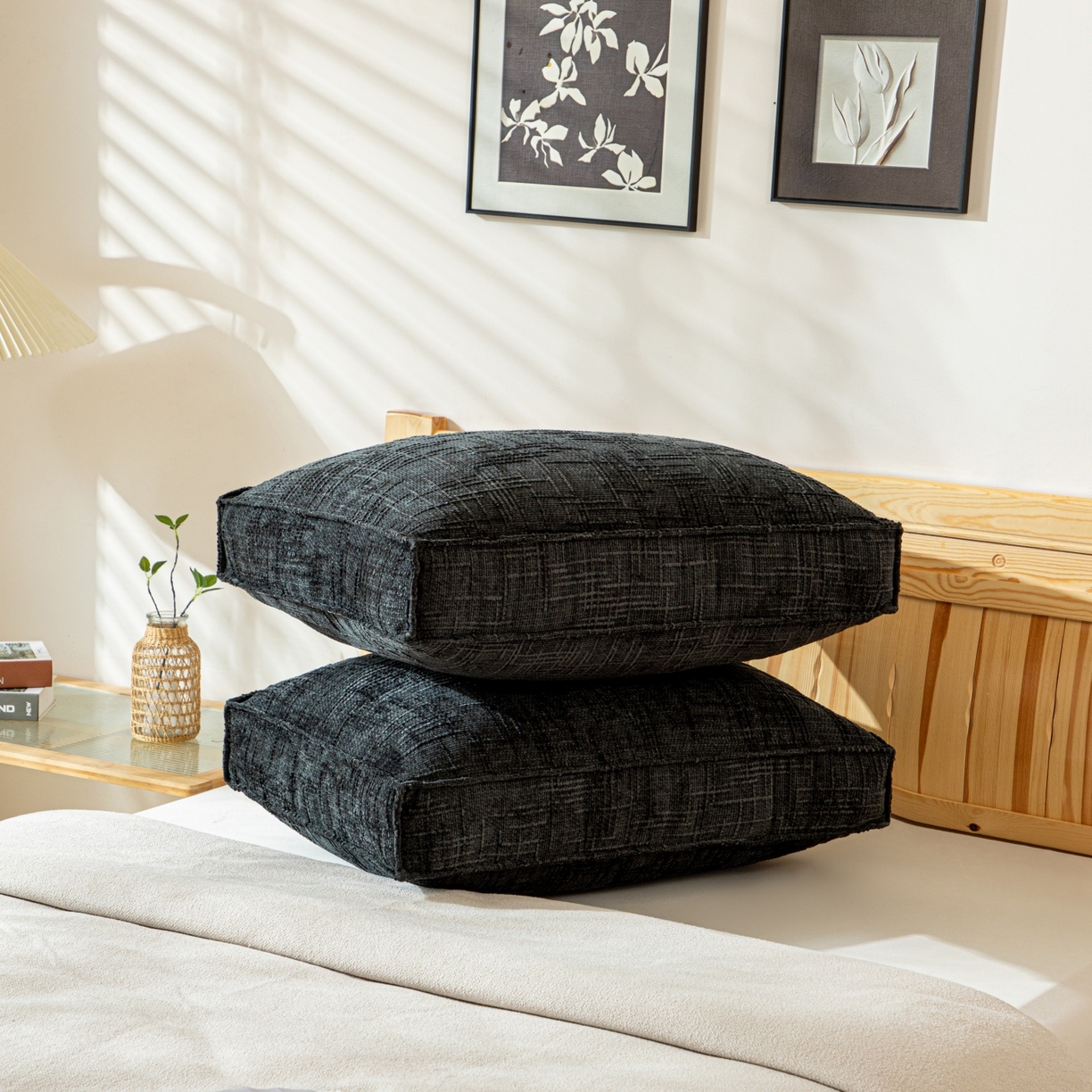 91家纺网 家纺一手货源 找家纺 沐沐家纺 2026新款葵花绒立体面包枕靠背靠垫 黑色