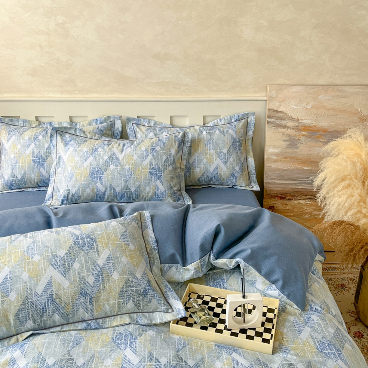 91家纺网 家纺一手货源 找家纺 简约家纺 2025新款全棉磨毛印花单品床单 妮可-蓝