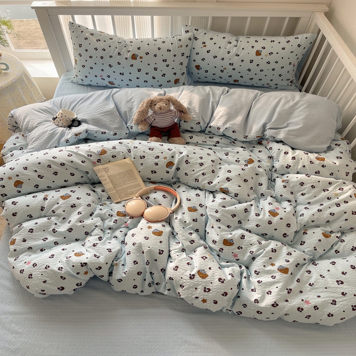 贝扬思家纺 2026新款高品质A类泡芙纱普通款四件套-110g-(软软糯糯小红书推荐~) 豹纹咪星 蓝