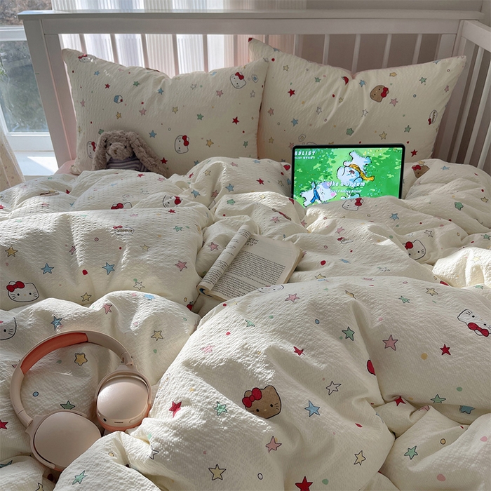 91家纺网 家纺一手货源 找家纺 贝扬思家纺 2026新款高品质A类泡芙纱普通款四件套-110g-(软软糯糯小红书推荐~) 星芒凯蒂