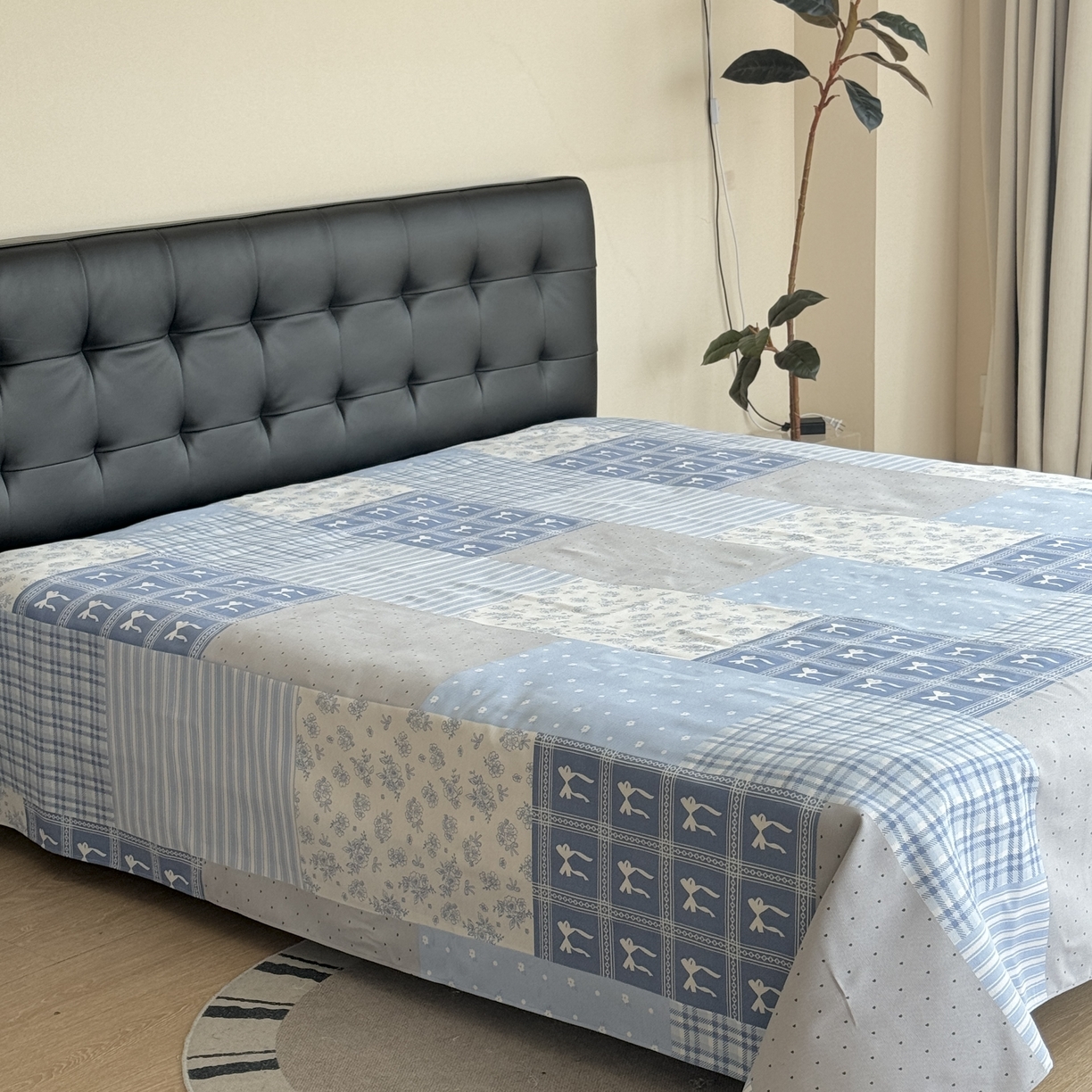 91家纺网 家纺一手货源 找家纺 一隅花田 2026新款麻感粗砂加厚老粗布床单三件套（品牌同款） 蓝风铃