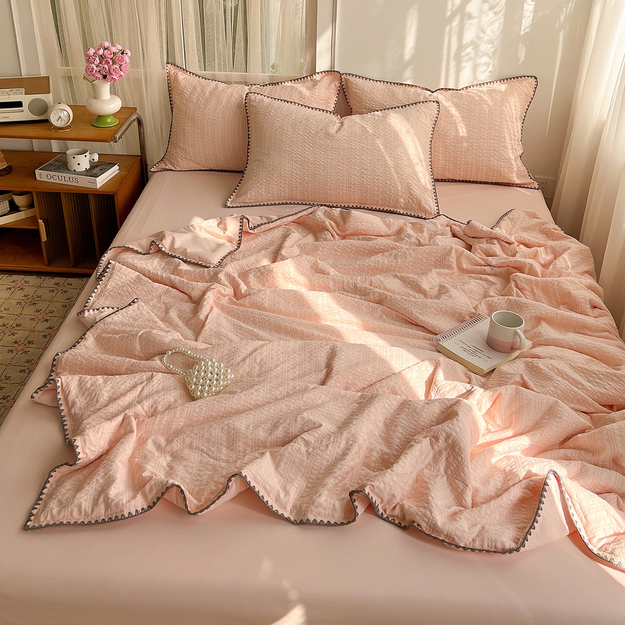 91家纺网 家纺一手货源 找家纺 （总）优尚佳生活馆 2026新款泡泡纱三角针夏被四件套--纯色系列