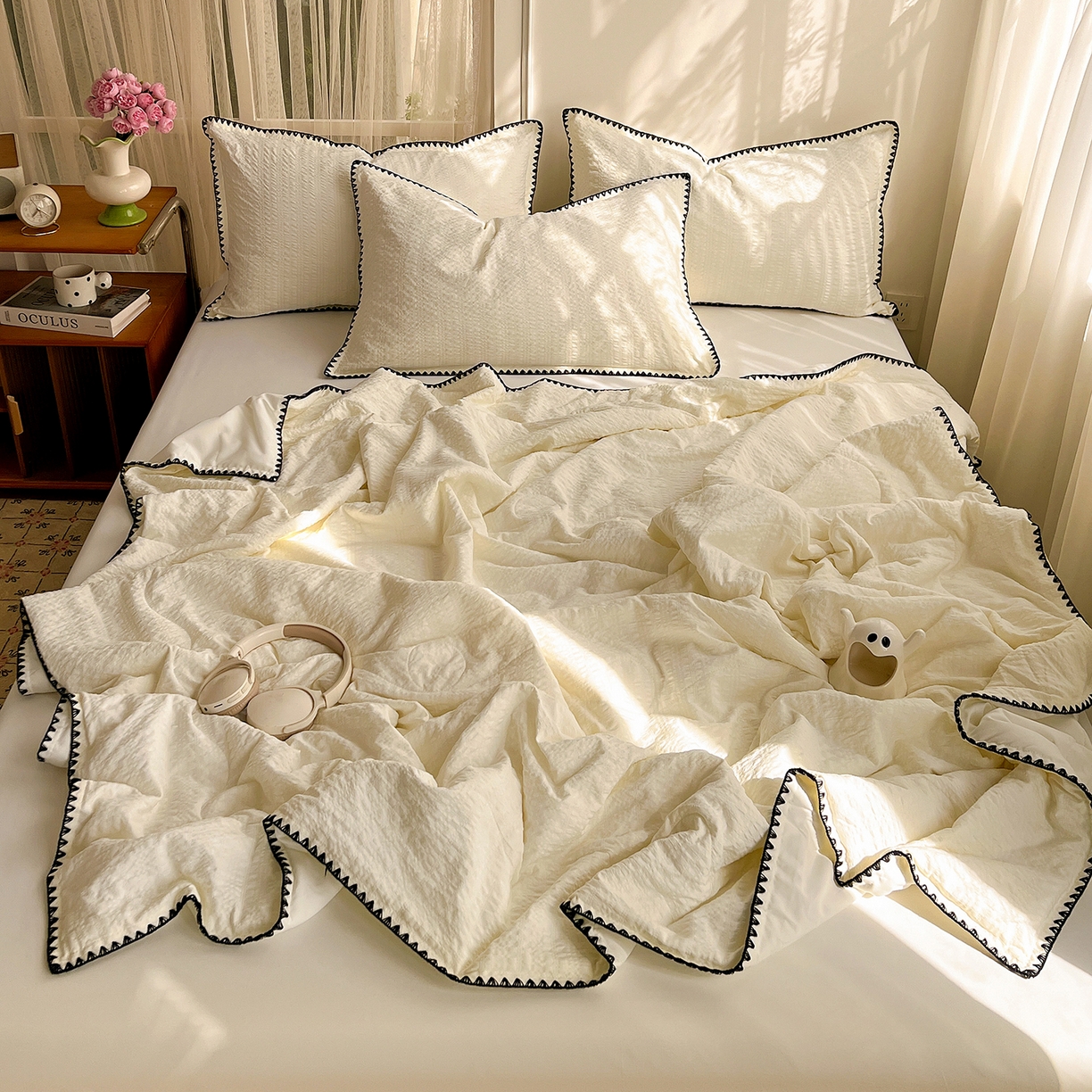 91家纺网 家纺一手货源 找家纺 （总）优尚佳生活馆 2026新款泡泡纱三角针夏被四件套--纯色系列