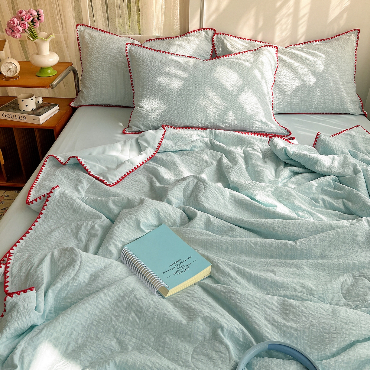 91家纺网 家纺一手货源 找家纺 优尚佳生活馆 2026新款泡泡纱三角针夏被四件套--纯色系列 薄荷绿