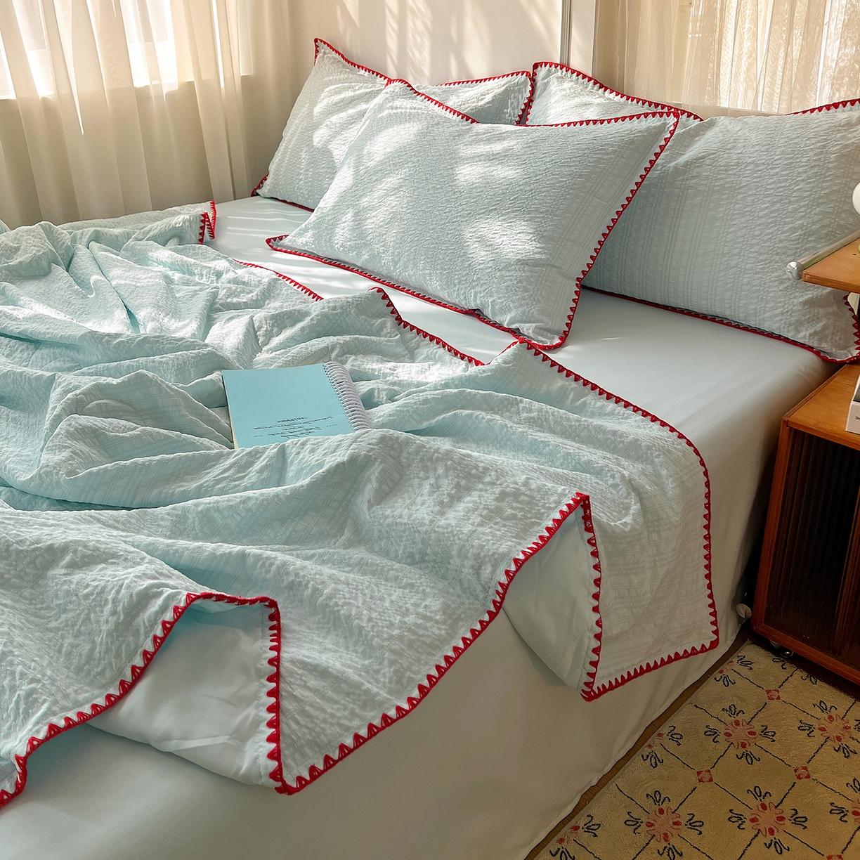 91家纺网 家纺一手货源 找家纺 优尚佳生活馆 2026新款泡泡纱三角针夏被四件套--纯色系列 薄荷绿