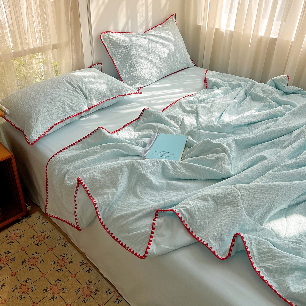 91家纺网 家纺一手货源 找家纺 优尚佳生活馆 2026新款泡泡纱三角针夏被四件套--纯色系列 薄荷绿