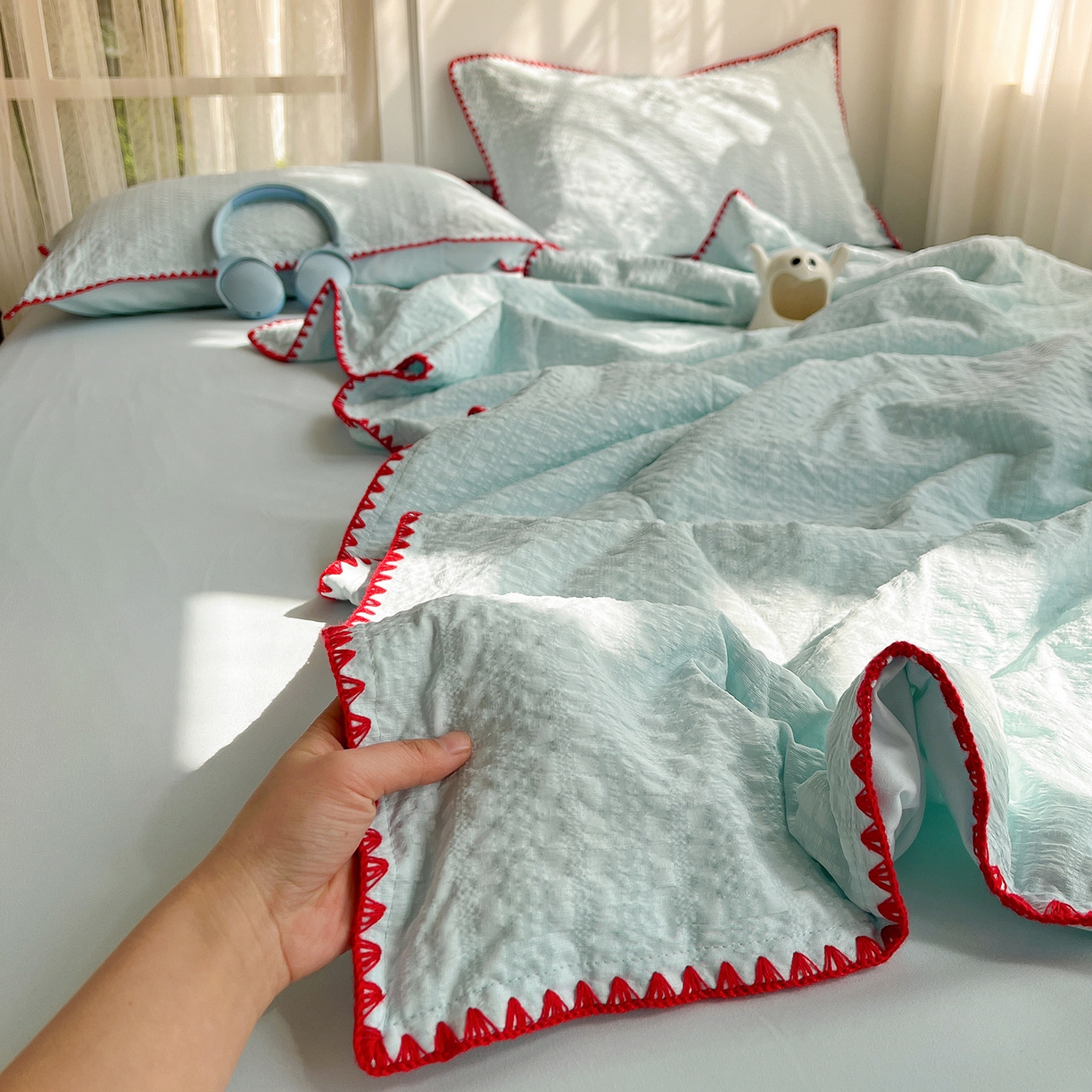 91家纺网 家纺一手货源 找家纺 优尚佳生活馆 2026新款泡泡纱三角针夏被四件套--纯色系列 薄荷绿