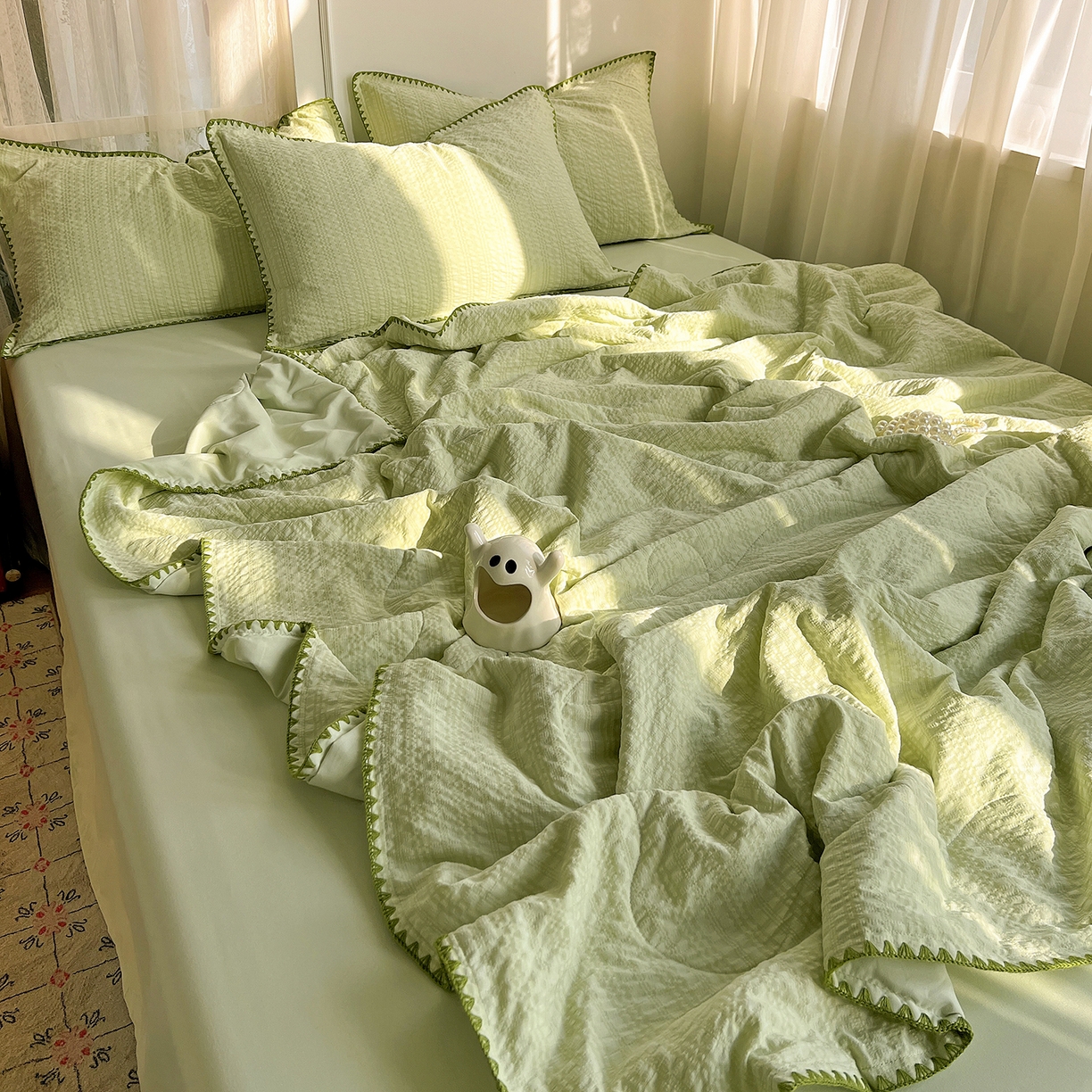 91家纺网 家纺一手货源 找家纺 优尚佳生活馆 2026新款泡泡纱三角针夏被四件套--纯色系列 抹茶绿