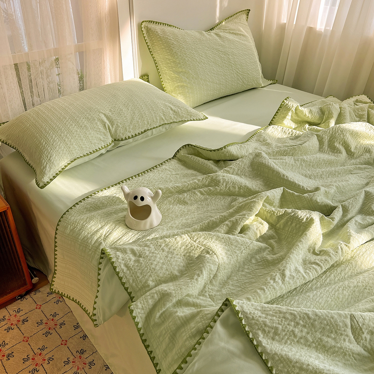 91家纺网 家纺一手货源 找家纺 优尚佳生活馆 2026新款泡泡纱三角针夏被四件套--纯色系列 抹茶绿