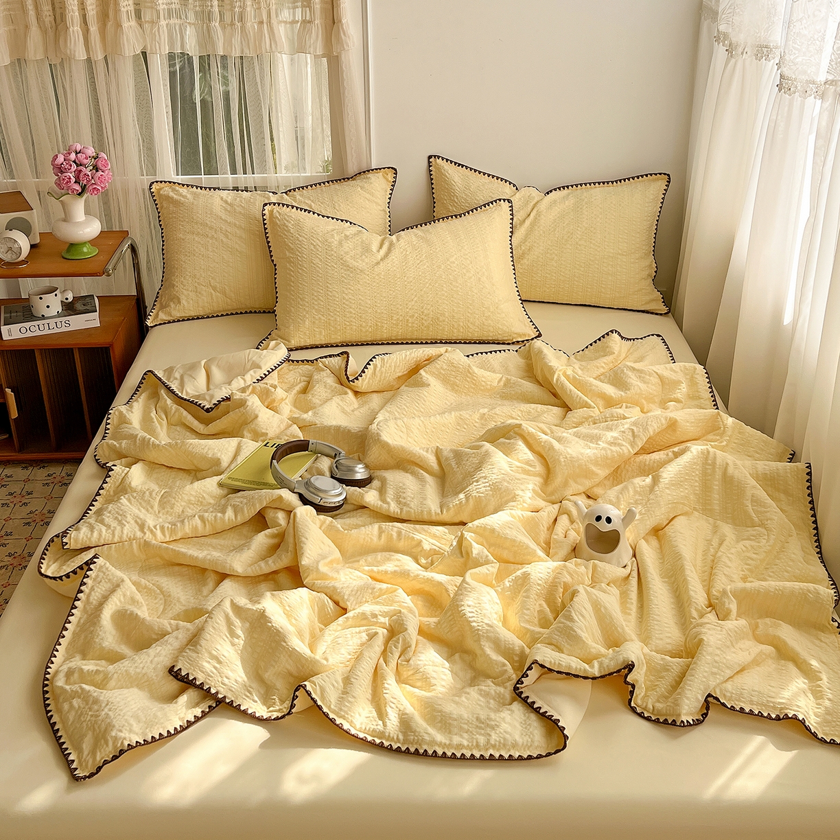 优尚佳生活馆 2026新款泡泡纱三角针夏被四件套--纯色系列 奶油黄