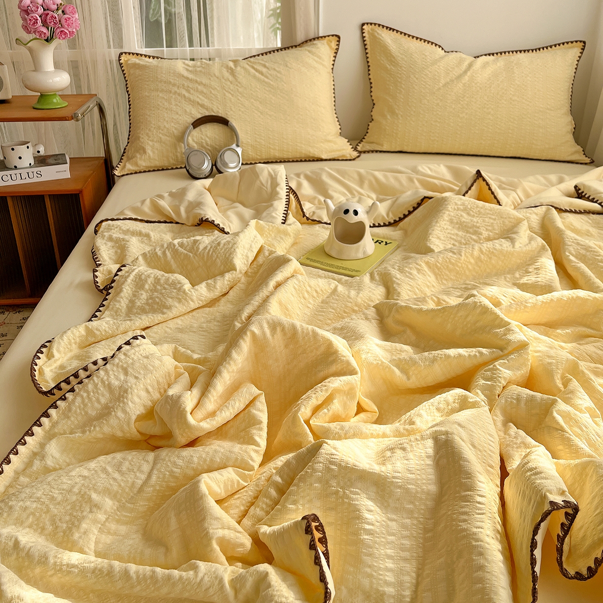 91家纺网 家纺一手货源 找家纺 优尚佳生活馆 2026新款泡泡纱三角针夏被四件套--纯色系列 奶油黄