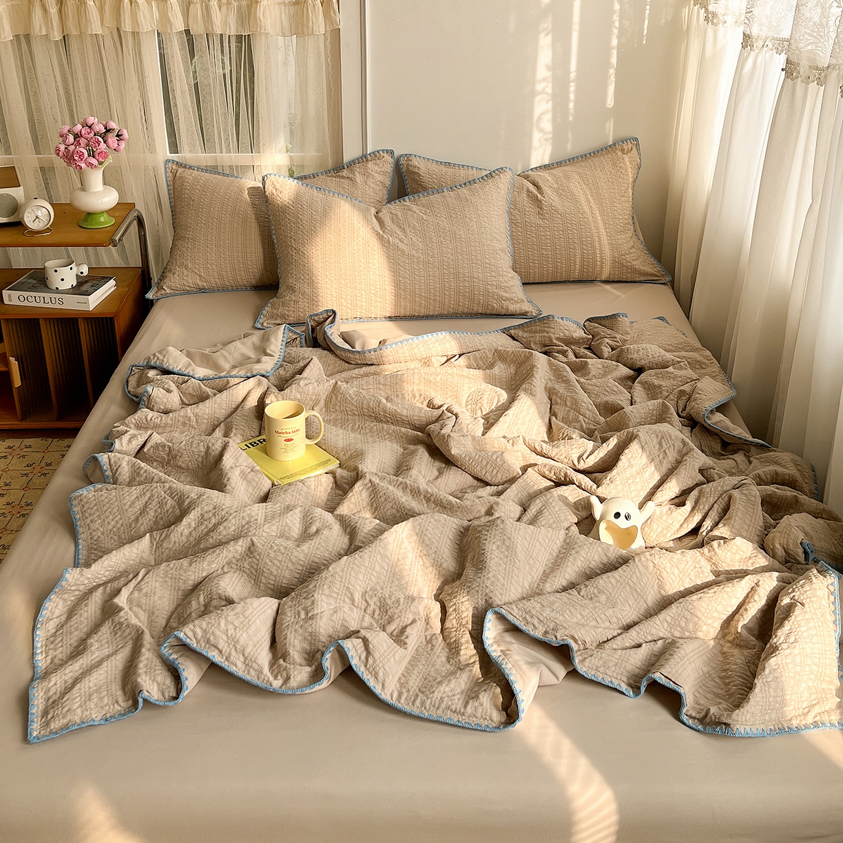 优尚佳生活馆 2026新款泡泡纱三角针夏被四件套--纯色系列 燕麦咖