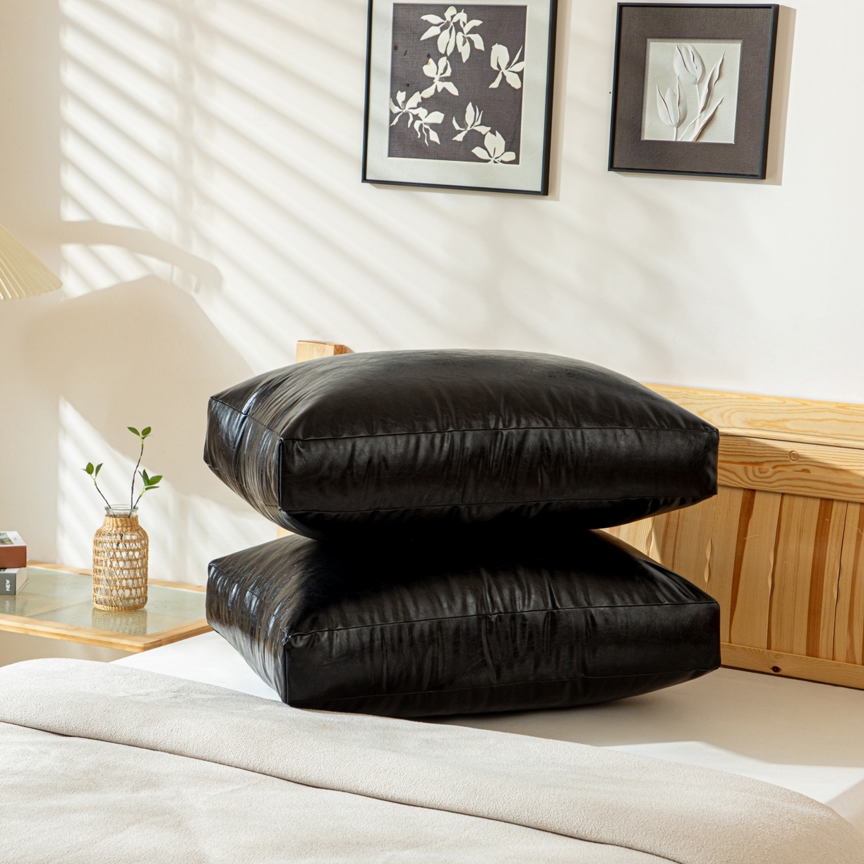 91家纺网 家纺一手货源 找家纺 沐沐家纺 2026新款油蜡皮立体面包枕靠背靠垫 经典纯黑