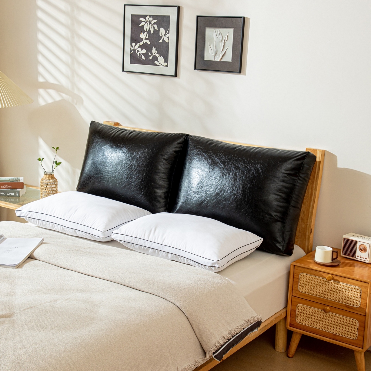 91家纺网 家纺一手货源 找家纺 沐沐家纺 2026新款油蜡皮立体面包枕靠背靠垫 经典纯黑