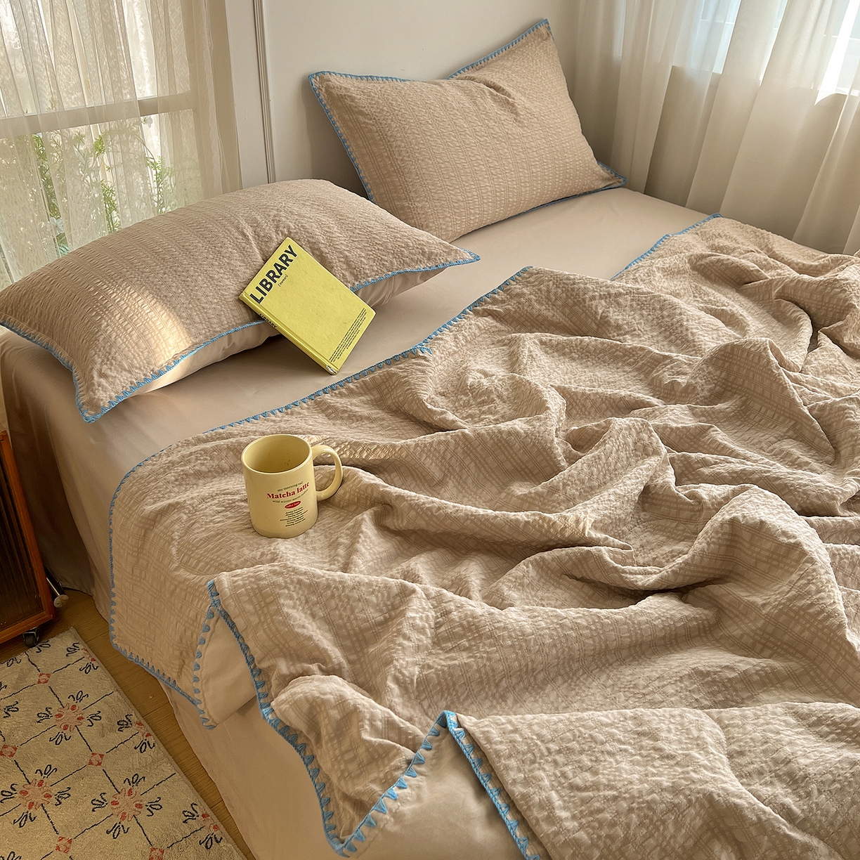 91家纺网 家纺一手货源 找家纺 优尚佳生活馆 2026新款泡泡纱三角针夏被四件套--纯色系列 燕麦咖