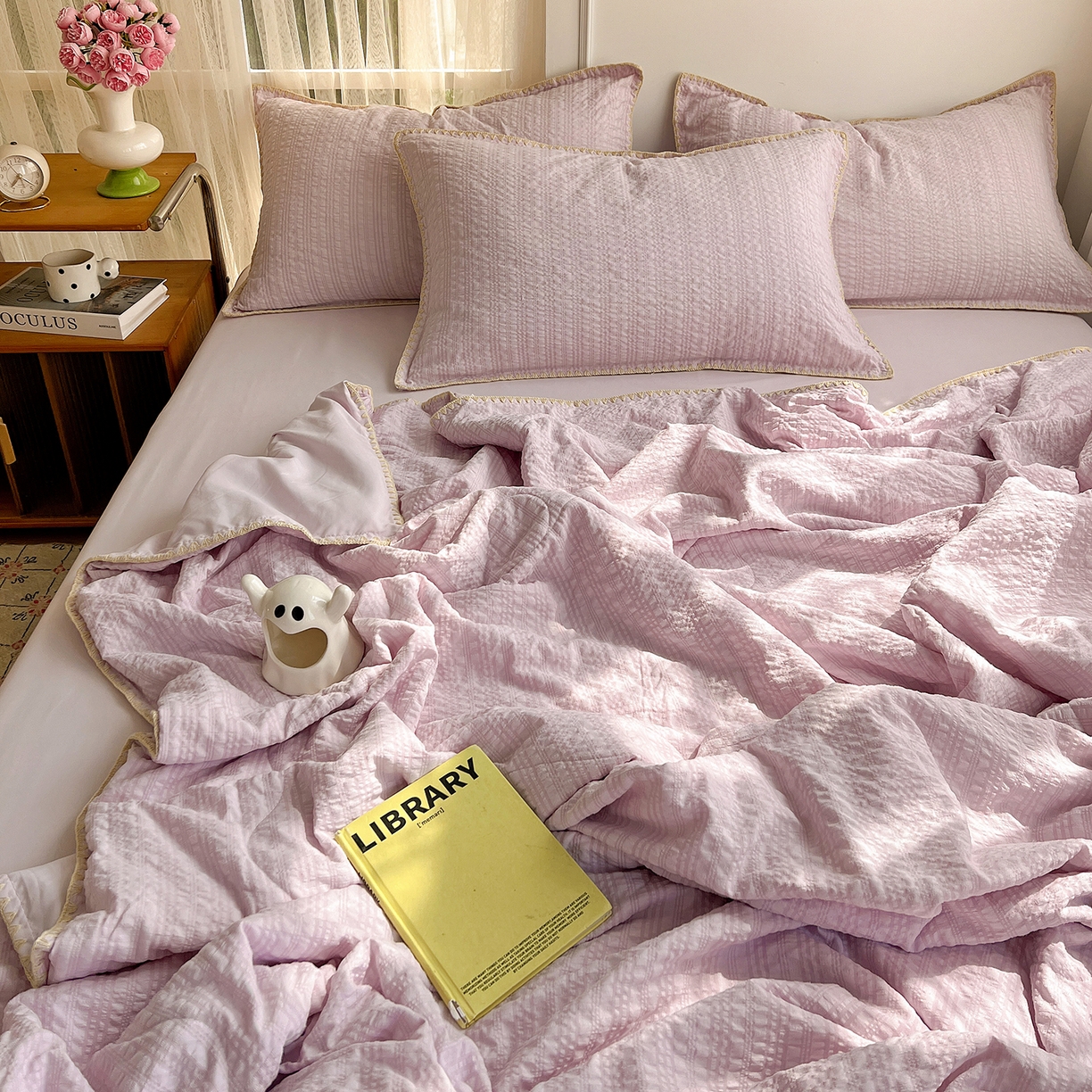 91家纺网 家纺一手货源 找家纺 优尚佳生活馆 2026新款泡泡纱三角针夏被四件套--纯色系列 芋泥紫