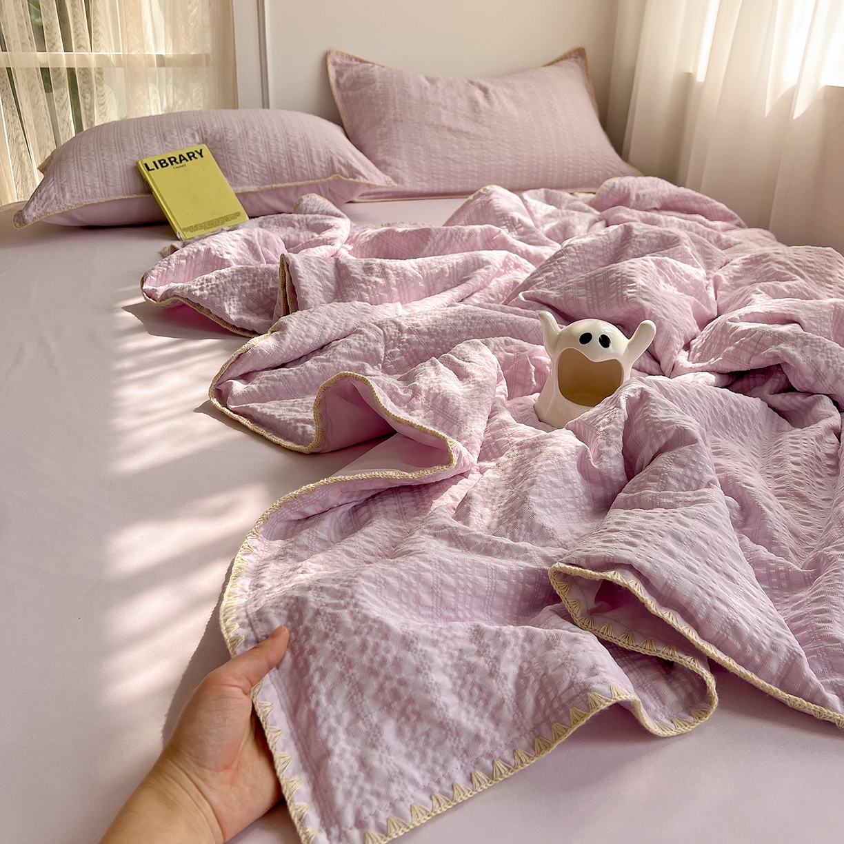 91家纺网 家纺一手货源 找家纺 优尚佳生活馆 2026新款泡泡纱三角针夏被四件套--纯色系列 芋泥紫