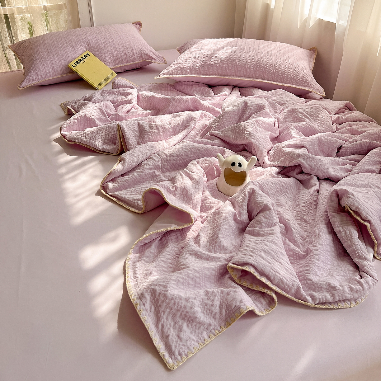 91家纺网 家纺一手货源 找家纺 优尚佳生活馆 2026新款泡泡纱三角针夏被四件套--纯色系列 芋泥紫