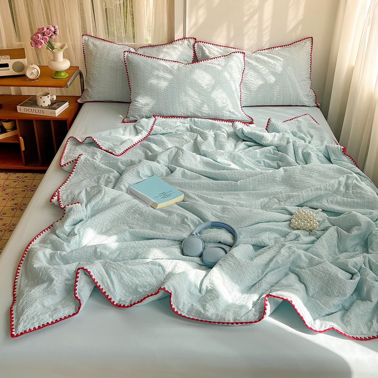 优佳优品 2026新款泡泡纱三角针夏被四件套--纯色系列 薄荷绿