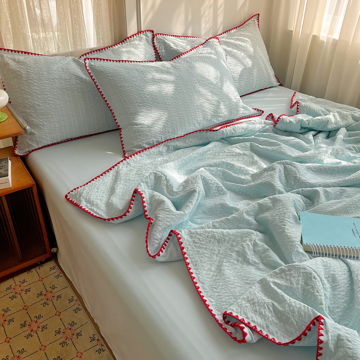 91家纺网 家纺一手货源 找家纺 优佳优品 2026新款泡泡纱三角针夏被四件套--纯色系列 薄荷绿