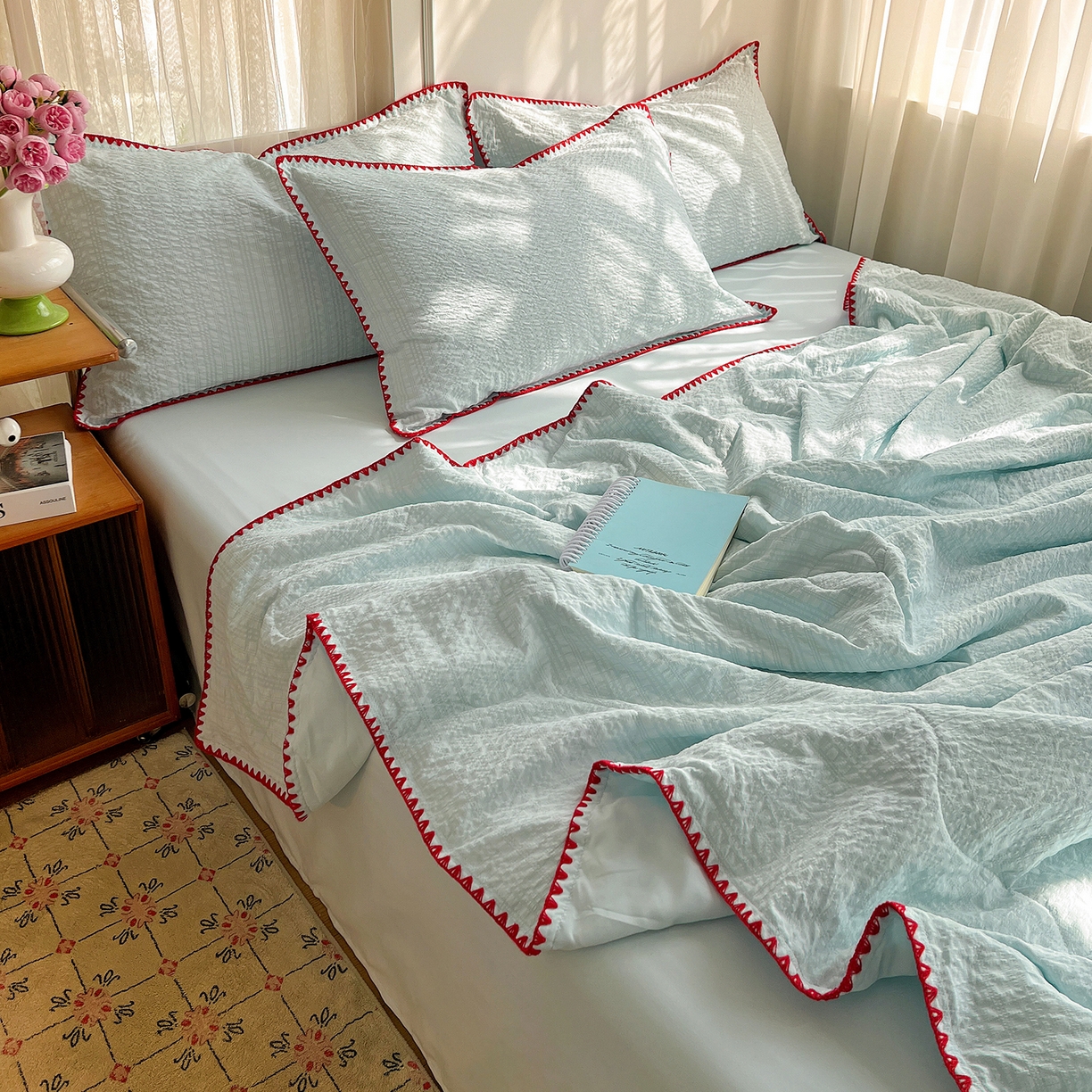 91家纺网 家纺一手货源 找家纺 优佳优品 2026新款泡泡纱三角针夏被四件套--纯色系列 薄荷绿