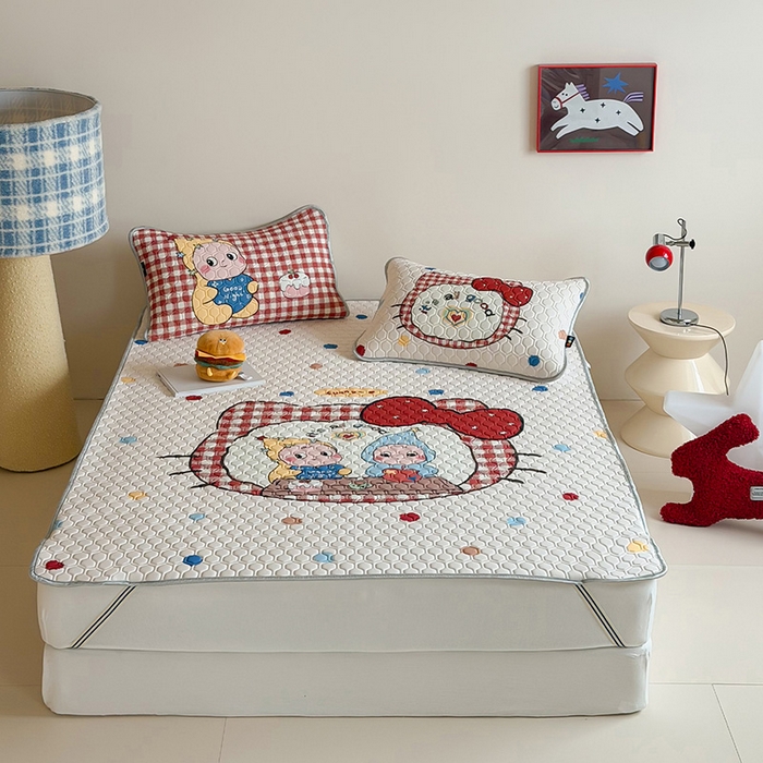 91家纺网 家纺一手货源 找家纺 RYB红黄兰 2026新款ins设计师原创款大版冰皮凉感水洗乳胶加厚6mm凉席三件套 彩色喵星人