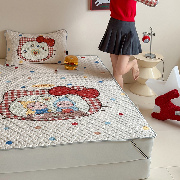 91家纺网 家纺一手货源 找家纺 RYB红黄兰 2026新款ins设计师原创款大版冰皮凉感水洗乳胶加厚6mm凉席三件套 彩色喵星人