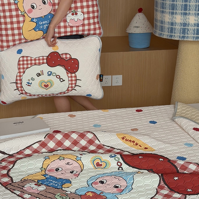 91家纺网 家纺一手货源 找家纺 RYB红黄兰 2026新款ins设计师原创款大版冰皮凉感水洗乳胶加厚6mm凉席三件套 彩色喵星人