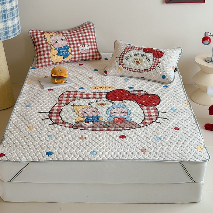 91家纺网 家纺一手货源 找家纺 RYB红黄兰 2026新款ins设计师原创款大版冰皮凉感水洗乳胶加厚6mm凉席三件套 彩色喵星人