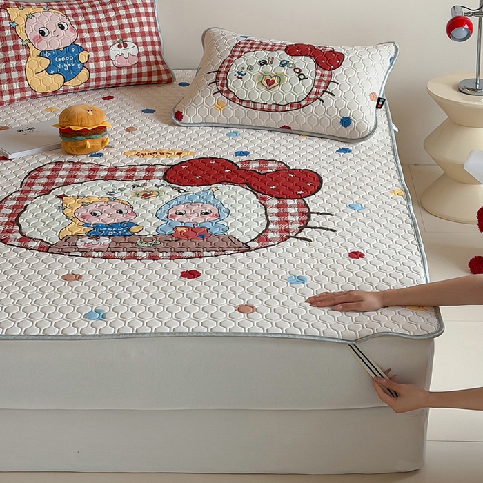 91家纺网 家纺一手货源 找家纺 RYB红黄兰 2026新款ins设计师原创款大版冰皮凉感水洗乳胶加厚6mm凉席三件套 彩色喵星人