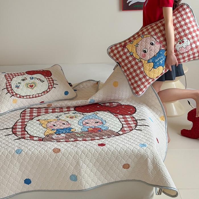 91家纺网 家纺一手货源 找家纺 RYB红黄兰 2026新款ins设计师原创款大版冰皮凉感水洗乳胶加厚6mm凉席三件套 彩色喵星人