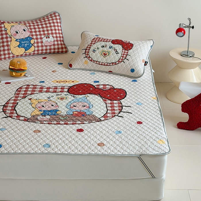 91家纺网 家纺一手货源 找家纺 RYB红黄兰 2026新款ins设计师原创款大版冰皮凉感水洗乳胶加厚6mm凉席三件套 彩色喵星人