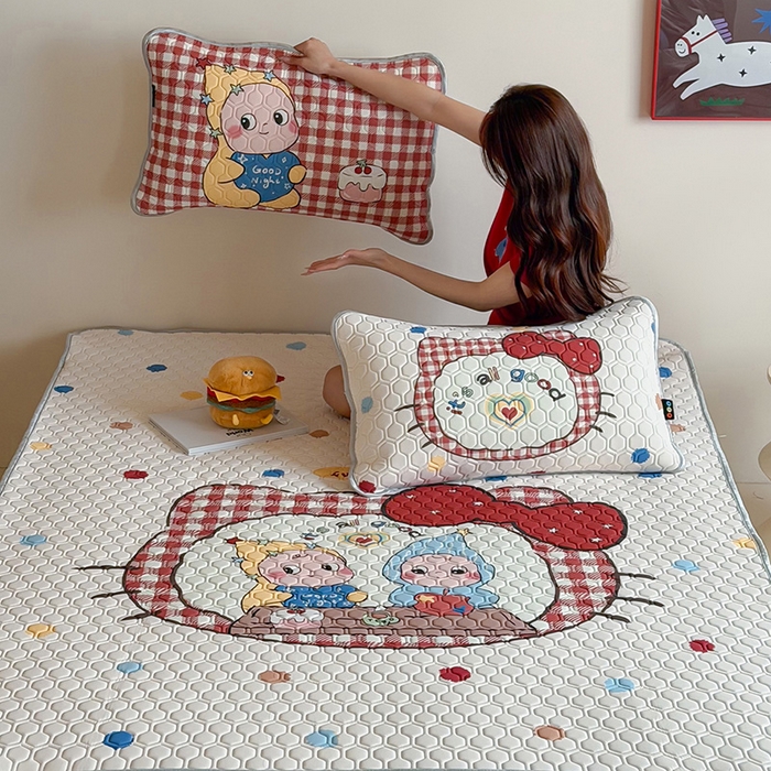 91家纺网 家纺一手货源 找家纺 RYB红黄兰 2026新款ins设计师原创款大版冰皮凉感水洗乳胶加厚6mm凉席三件套 彩色喵星人