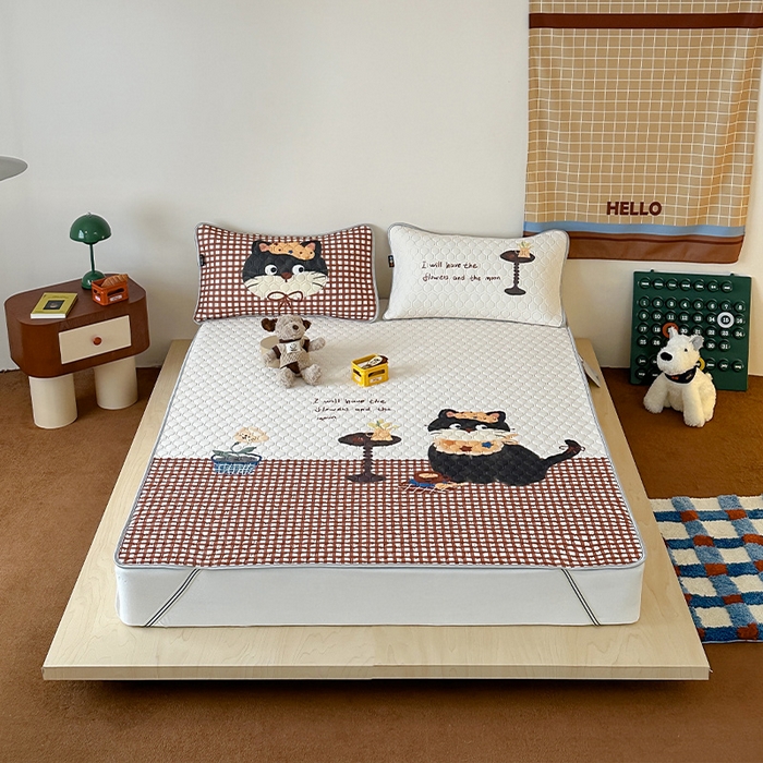 RYB红黄兰 2026新款ins设计师原创款大版冰皮凉感水洗乳胶加厚6mm凉席三件套 红格猫咪