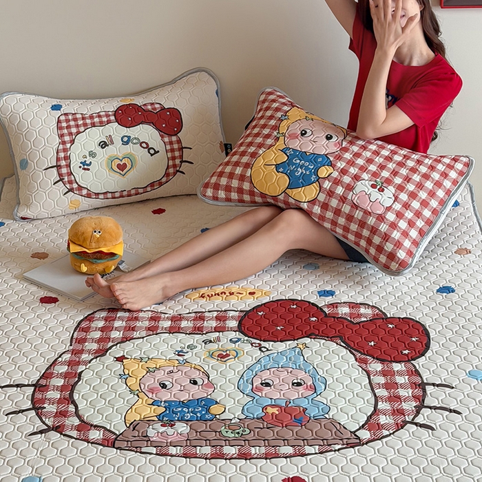 91家纺网 家纺一手货源 找家纺 RYB红黄兰 2026新款ins设计师原创款大版冰皮凉感水洗乳胶加厚6mm凉席三件套 彩色喵星人