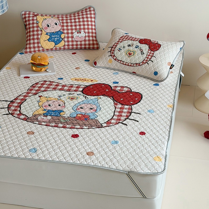 91家纺网 家纺一手货源 找家纺 RYB红黄兰 2026新款ins设计师原创款大版冰皮凉感水洗乳胶加厚6mm凉席三件套 彩色喵星人