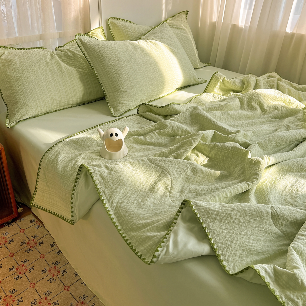 91家纺网 家纺一手货源 找家纺 优佳优品 2026新款泡泡纱三角针夏被四件套--纯色系列 抹茶绿