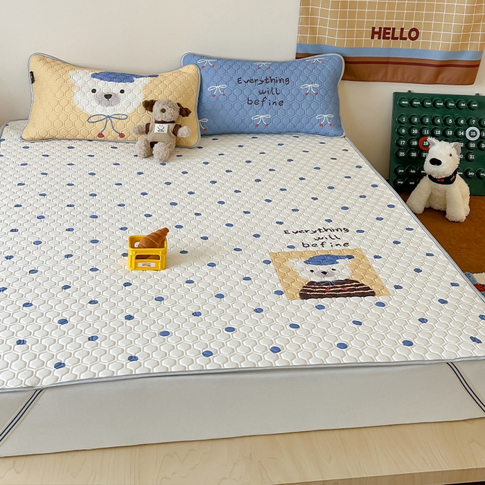 91家纺网 家纺一手货源 找家纺 RYB红黄兰 2026新款ins设计师原创款大版冰皮凉感水洗乳胶加厚6mm凉席三件套 波点熊仔