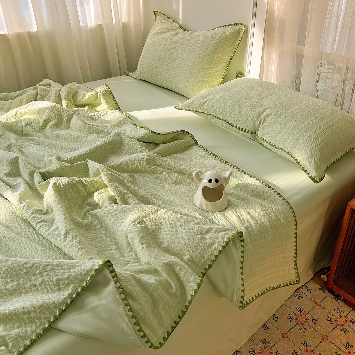 91家纺网 家纺一手货源 找家纺 优佳优品 2026新款泡泡纱三角针夏被四件套--纯色系列 抹茶绿