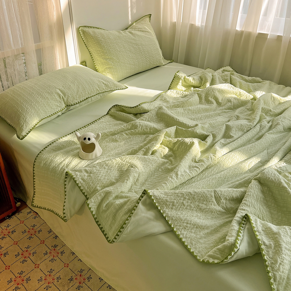 91家纺网 家纺一手货源 找家纺 优佳优品 2026新款泡泡纱三角针夏被四件套--纯色系列 抹茶绿
