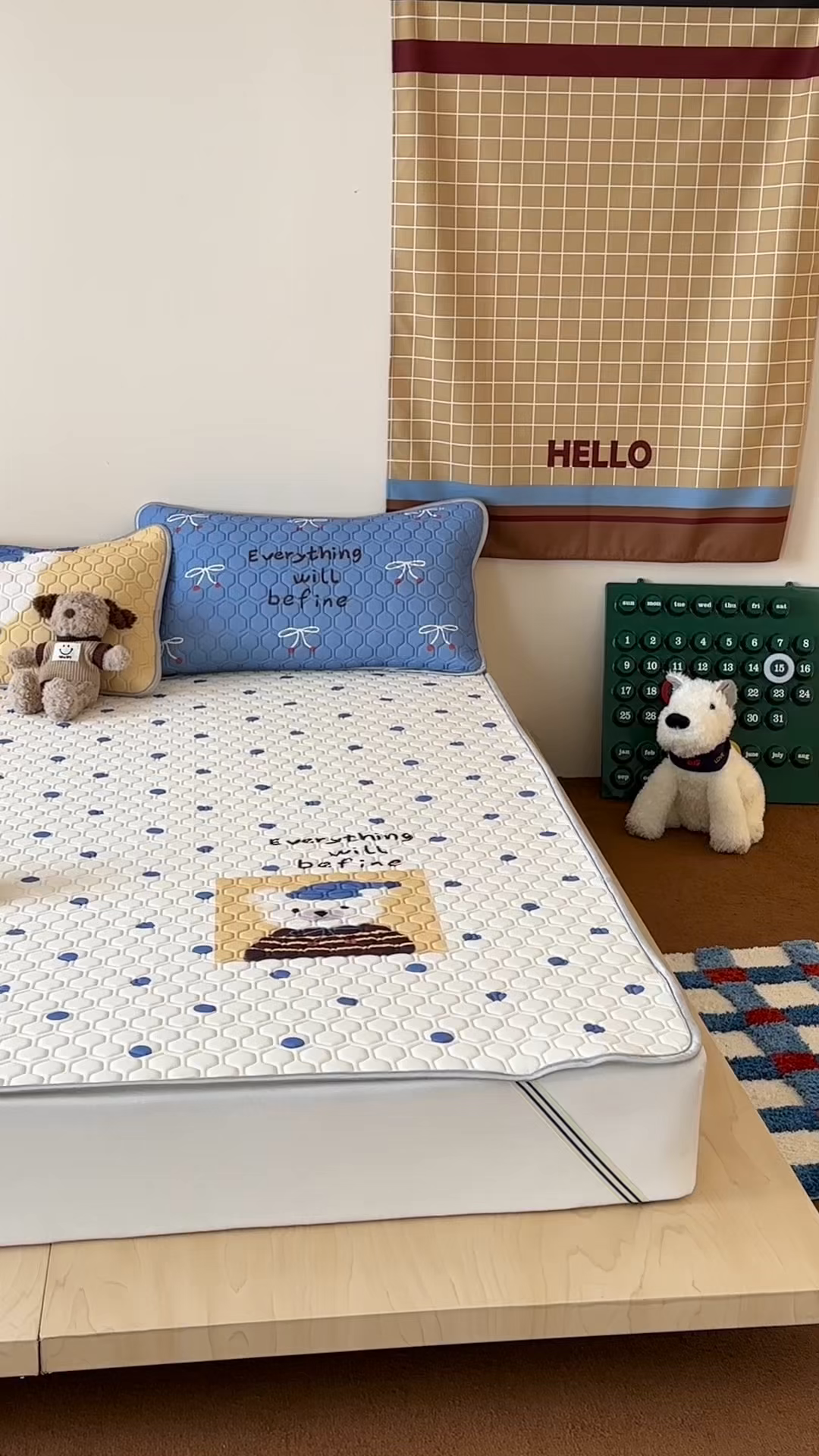 91家纺网 家纺一手货源 找家纺 RYB红黄兰 2026新款ins设计师原创款大版冰皮凉感水洗乳胶加厚6mm凉席三件套 波点熊仔